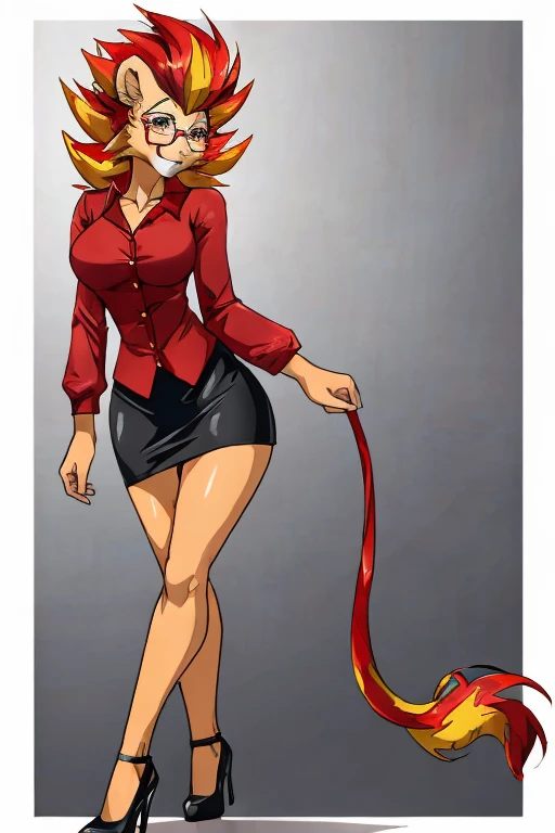 ((Pyroar)), anthropomorphic, big boobs, big ass, pokemorph, (((1girl))), (((red blouse))), (black pencil skirt), cute and sexy, (black heels), slender, brown skin, (glasses), long legs, smiling