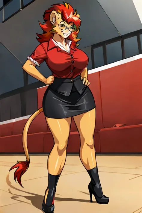 ((Pyroar)), anthropomorphic, big boobs, big ass, pokemorph, (((1girl))), (((red blouse))), (black pencil skirt), cute and sexy, (black heels), slender, brown skin, (glasses), long legs, smiling