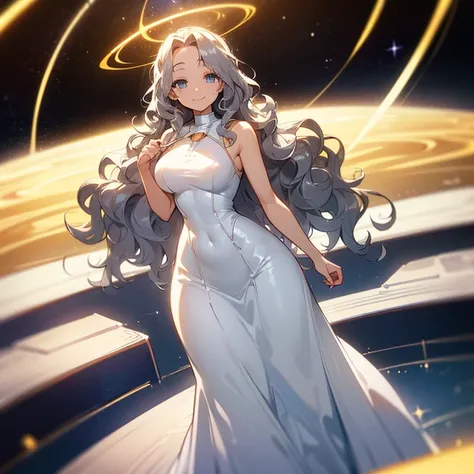 (((Alone woman))),(((Light skin))),(((Wavy golden hair))),(((blue-gray eyes))),((body curves)),(((sweet smile))) ,(((beautiful white long dress))),(((being in outer space)))