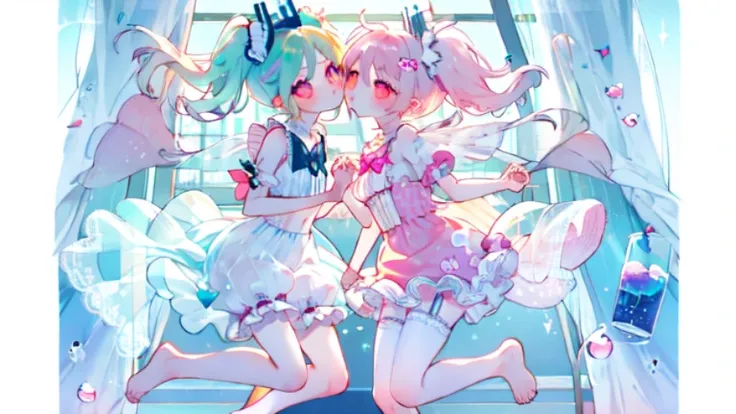 Pale pink pupils，Transparent pink garter stockings，whole body，barefoot，lace，masterpiece, kawaiitech，miku，(2girls:1.1),(holding hands:1.1)，（Kiss on the cheek:1.1）Whole body，pastel colors，Soft contrast，fair skin，The skin is delicate and shiny，