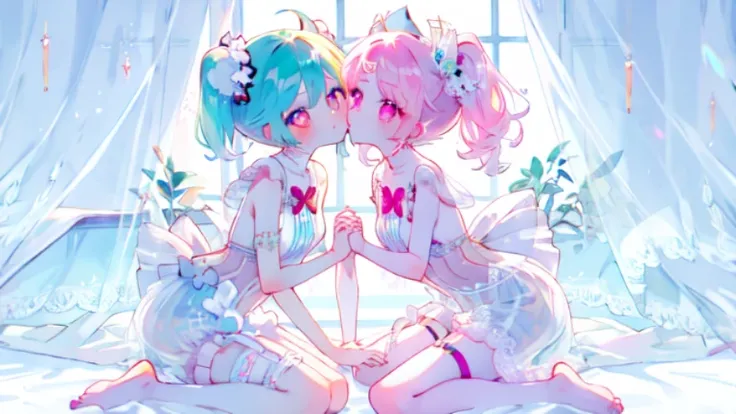 Pale pink pupils，Transparent pink garter stockings，whole body，barefoot，lace，masterpiece, kawaiitech，miku，(2girls:1.1),(holding hands:1.1)，（Kiss on the cheek:1.1）Whole body，pastel colors，Soft contrast，fair skin，The skin is delicate and shiny，