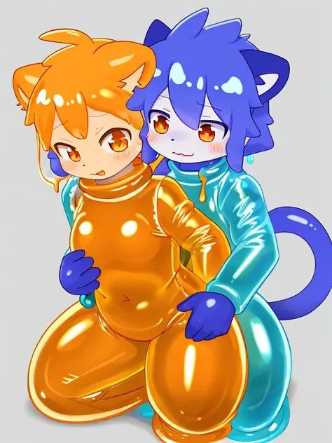 Cubs，被slime覆盖，slime，light orange cuollars，被slime覆盖，fall（（充满银色slime）），protective suits