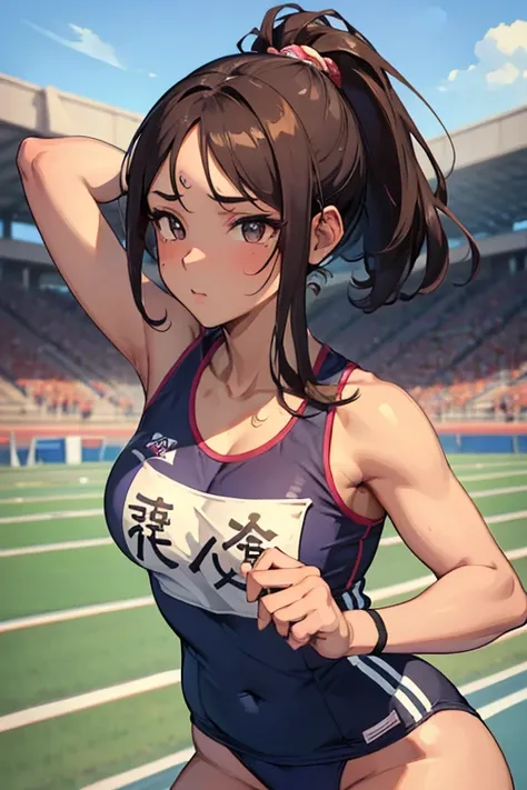 1 Beautiful ,dynamic angle,girl track and field athlete,small head,big breasts,meaty, at track and field ,(detailed beautiful face:1.4),detailed skin、Thigh emphasis