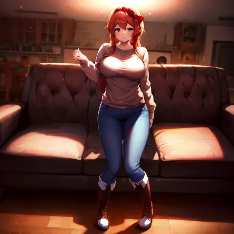 Sayori wearing sweater, blue jeans, and knee high lace up boots Large breasts, thick thighs, cute, full body image, long hair, quality images, (high quality faces), living room, standing 