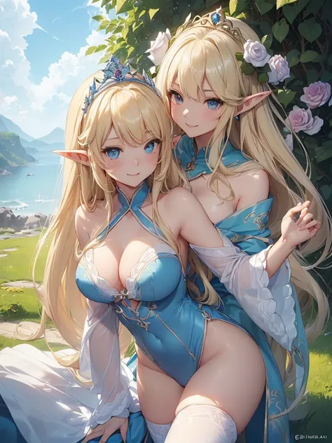 highest quality、Highest image quality、masterpiece、Look at me and welcome、Super beautiful elf goddess((22 years old big bust、bust 90,beautiful long ironed hair、blonde、、slender、Close-up、Esbian、beautiful tiara、High quality、美しいartマステピース、ビジュアルart、Depth of bound...