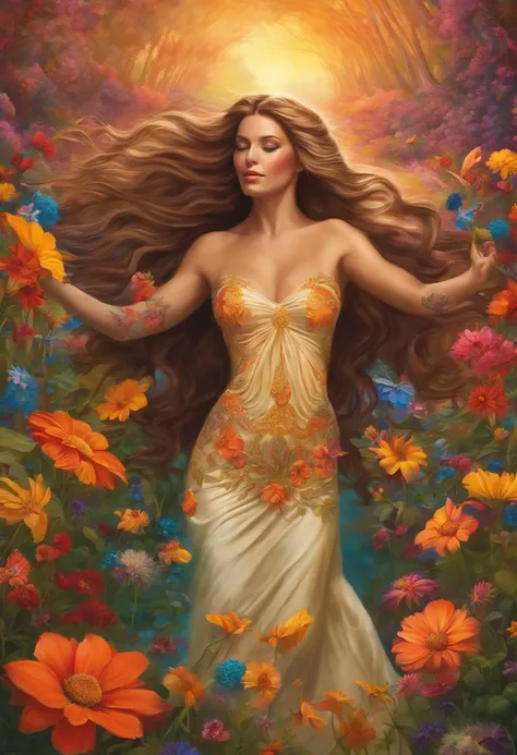 a woman with long hair and flowers in her hair, flower goddess, psychedelic goddess, a goddess in a field of flowers, wearing psychedelic wicca, mother nature, psychedelic flowing hair, psychedelic art, psychedelic art style, goddess of nature, beautiful c...