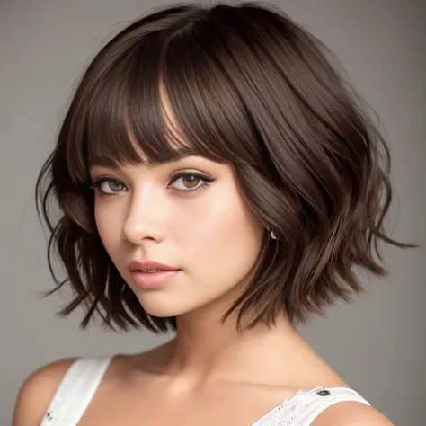 a close up of a woman with a cabello cortocut wearing a white dress, Retrato de Sophie Mudd, Short brown hair and large eyes, cabello corto, with cabello corto, con un corte bob, hermosa modelo femenina, muy bonita modelo, hermosa chica modelo, hermosa chi...