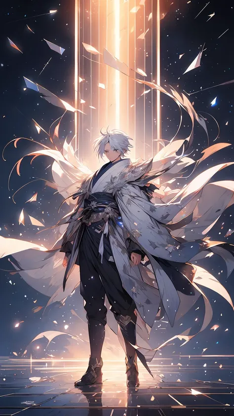 Japanese anime, boy, alone, silver white hair, white glass shards, crystallization, night sky, winter night, starry sky, shooting star crossing, solo, silence, rendering, best quality, masterpiece, full body, particle light effects, rendering