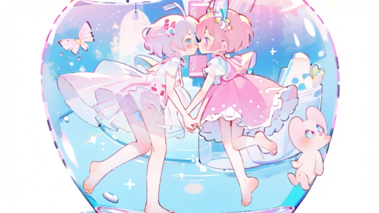 (2girls:1.1),(holding hands:1.1)，（kiss on the lips:1.1），Pale pink pupils，Transparent pink lolita，whole body，barefoot，lace，masterpiece, kawaiitech，Whole body，pastel colors，Soft contrast，fair skin，The skin is delicate and shiny，