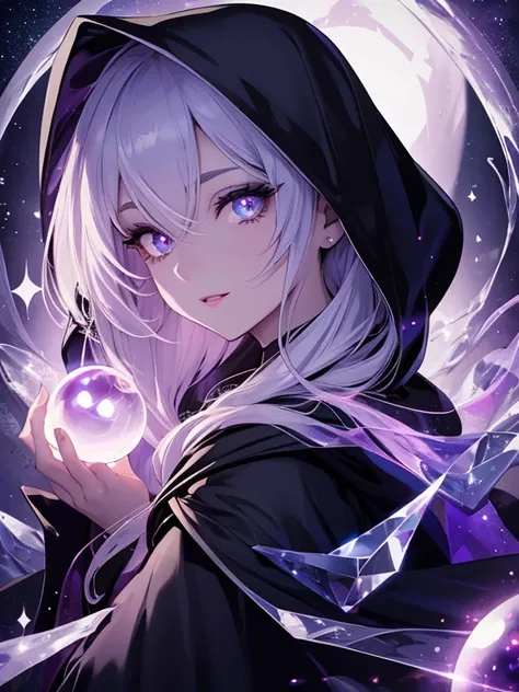 1woman,  female fortune teller, magical crystal ball, dark color hooded cape, super detailed face, translucent skin, sparkly pupil, head shot, close up, half opened mouth glossy lip, vague myst background