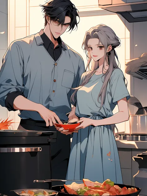 a man standing cooking with his girlfriend, and both are happy, manhwa, male ulzzang, yanjun chengt, handsome chad chin, anime handsome man, secret romance, (good looking ), wearing elegant casual clothes, webtoon, hwang se - on, ( ( god king of ai art ) )...