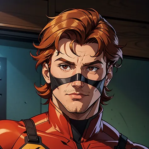 A young guy with (ginger) shaggy hair in a red fire hero suit and red face mask over his eyes with dark brown eyes, hes in dc comic hero style