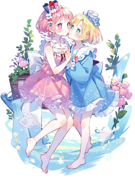 （kiss on the lips:1.1），Two girls look at each other affectionately，Pale pink pupils，Transparent pink lolita，whole body，barefoot，lace，cute，pastel colors，fair skin，The skin is delicate and shiny，