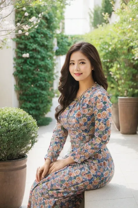 woman((30year old)), hair((dark brown, wavy)), eyes((brown, big eyes)), ((long sleeves, vintage dress, floral, magenta, high heels)), accessories ((diamond necklace)), gigantic breast, big boobs, classic house, korean make-up look, smiling, full perfect bo...