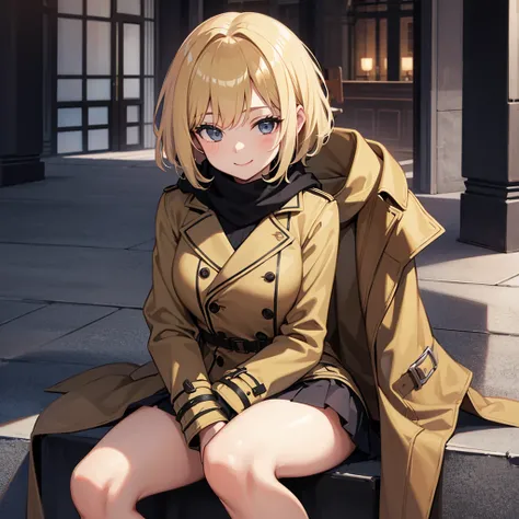 Masterpiece, solo, 1girl, smiling, scarf, double breasted trench coat, short skirt, short blonde hair, sitting cross legged, Amsterdam 