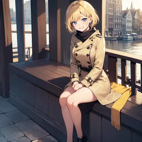 Masterpiece, solo, 1girl, smiling, scarf, double breasted trench coat, short skirt, short blonde hair, sitting cross legged, Amsterdam 