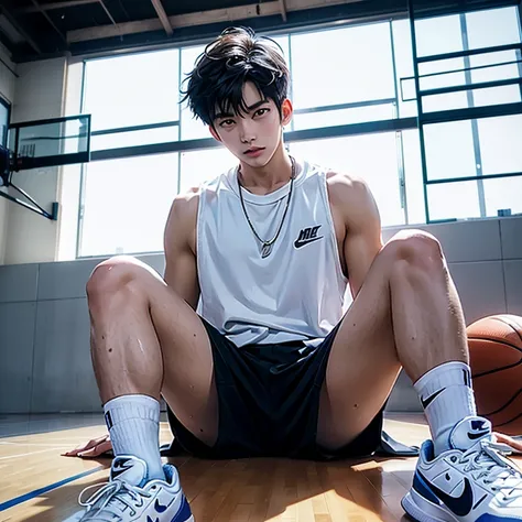 1 Korean young man，male，20 years old，Sit on the basketball court，legs open，Place your feet on the ground，Wearing white Nike socks，Badass anime 8K，Cold，Handsome，POV perspective，looking at camera