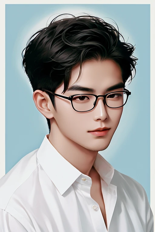 HANDSOME asian MAN，30 years old，Chinese white shirt，short hair，Wearing metal frame glasses