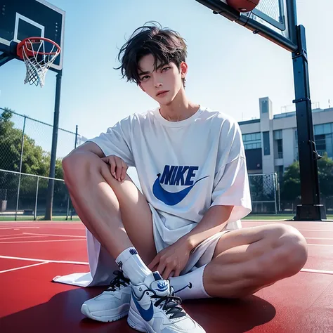 1 Korean young man，male，20 years old，Hair is medium length，Sit on the basketball court，legs open，Place your feet on the ground，Wearing white Nike socks，Badass anime 8K，Cold，Handsome，POV perspective，looking at camera