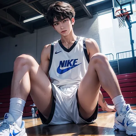 1 Korean young man，male，20 years old，Hair is medium length，Sit on the basketball court，legs open，Place your feet on the ground，Wearing white Nike socks，Badass anime 8K，Cold，Handsome，POV perspective，looking at camera