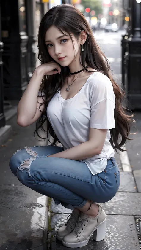 22 year old white female、Hair color is brunette、blue eyes、long hair、The ends of the hair are wavy、setting hair、accessories on wrist、wearing a necklace、has earrings、skin is smooth、Slender but muscular body、smile、wearing a tie front shirt、wearing skinny jean...