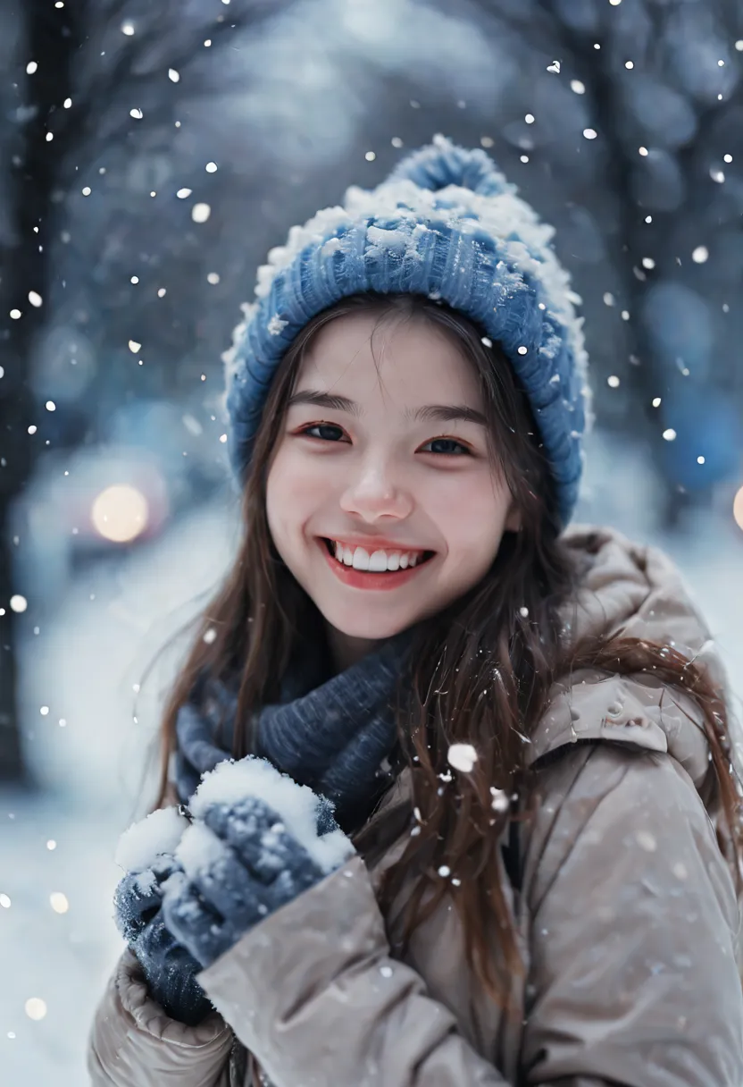 cinematic photo 1girl, smile, snow, 35mm photograph, film, bokeh, professional, 4k, highly detailed