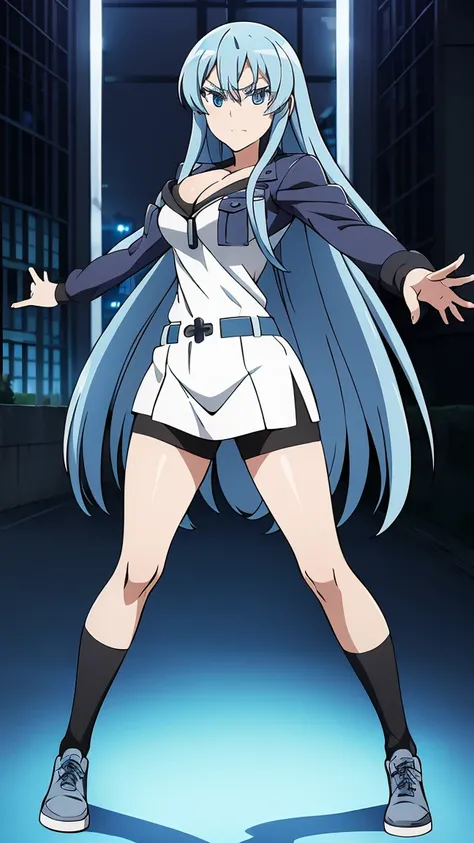 (Masterpiece:1.2),expressive eyes, perfect face, beautiful blue eyes, blue hair, very long hair,((1girl,solo)), Esdeath (Akame ga Kill), anime office art style, large breasts, vibrant colors,full body shots, ((jacket,gym short )),background streets night t...