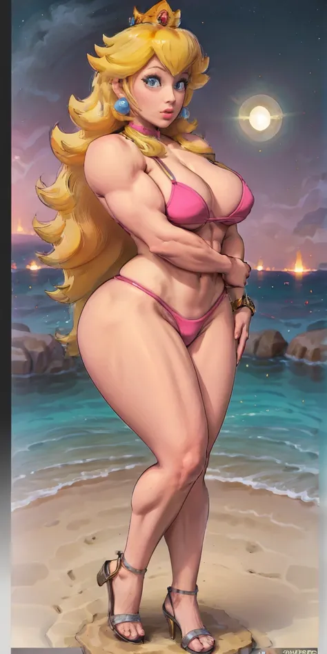 Princess Peach, 1girl,glossy lips,pink lips,hight resolution,Masterpiece,perfect ligthing,bloom,Cinematic lighting,Perfect skin,womans,Narrow waist,詳細な目, full - body,  tiny bikinis, Strappy bikini, very large_가슴, wide hips, cute face, Protruding Breasts, n...