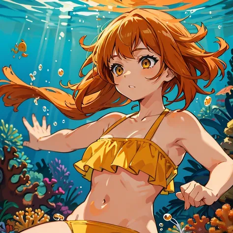 solo girl, (Ginger) hair with fringe, (Yellow, Blue, Orange) Bikini, swimming under water, dark brown eyes, bubbles, coral, gold fish, sunlight