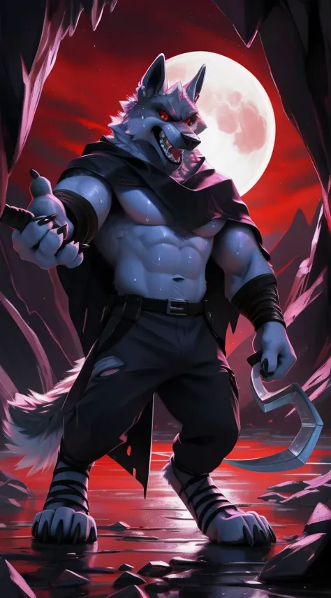 deathwolf, 1boy, solo, colored sclera, red eyes, furry, big long black old torn cloak, white fur, upper body shot, anthro, (frown:1.2), (angry:1.5), (opened wide eye:1.5), hand holding sickle, (looking forwards:1.5) , male, muscular, tall, muscular anthro,...