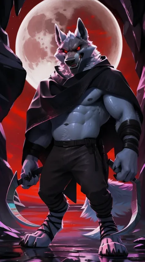 deathwolf, 1boy, solo, colored sclera, red eyes, furry, big long black old torn cloak, white fur, upper body shot, anthro, (frown:1.2), (angry:1.5), (opened wide eye:1.5), hand holding sickle, (looking forwards:1.5) , male, muscular, tall, muscular anthro,...