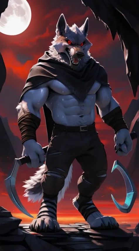 deathwolf, 1boy, solo, colored sclera, red eyes, furry, big long black old torn cloak, white fur, upper body shot, anthro, (frown:1.2), (angry:1.5), (opened wide eye:1.5), hand holding sickle, (looking forwards:1.5) , male, muscular, tall, muscular anthro,...