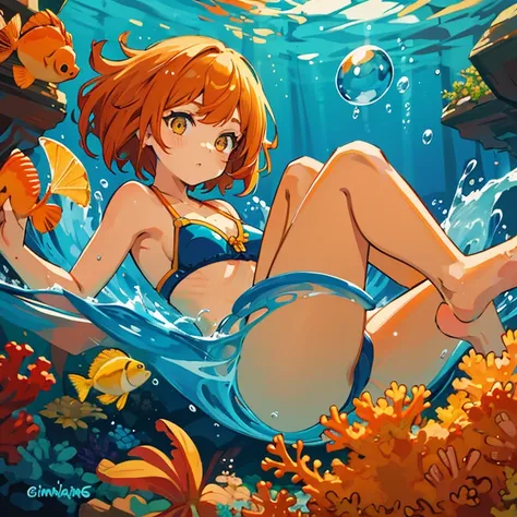 solo girl, (Ginger) hair with fringe, (Yellow, Blue, Orange) Bikini, swimming under water, dark brown eyes, bubbles, coral, gold fish, sunlight, colourful