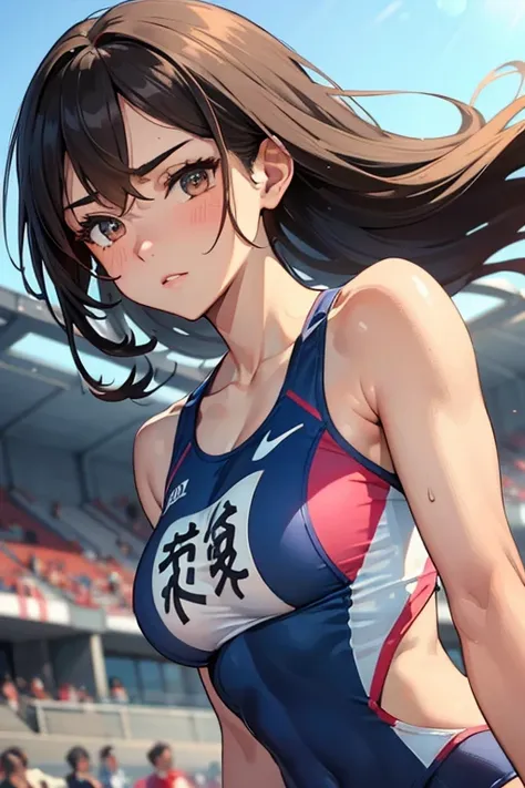 1 beautiful ,dynamic angle,girl track and field athlete,small head,big breasts,meaty, at track and field ,(detailed beautiful fa...