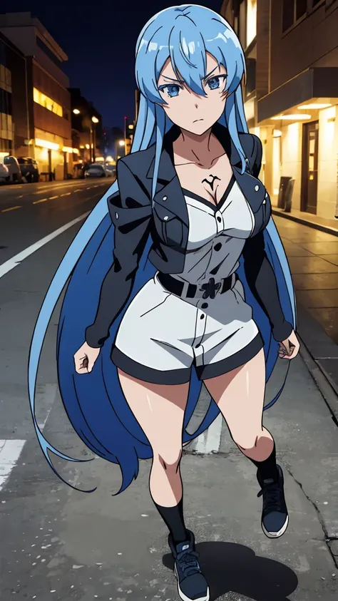 (Masterpiece:1.2),expressive eyes, perfect face, beautiful blue eyes, blue hair, very long hair,((1girl,solo)), Esdeath (Akame ga Kill), anime office art style, large breasts, vibrant colors,full body shots, ((jacket,gym short )),background streets night t...