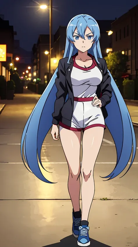 (Masterpiece:1.2),expressive eyes, perfect face, beautiful blue eyes, blue hair, very long hair,((1girl,solo)), Esdeath (Akame ga Kill), anime office art style, large breasts, vibrant colors,full body shots, ((jacket,gym short )),background streets night t...