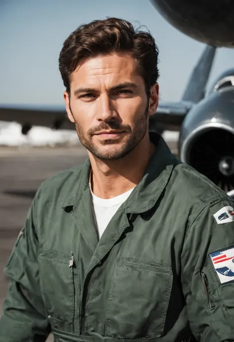 30 year old handsome man，he is a pilot，calm personality，coveralls