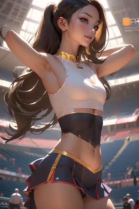 Asian cheerleaders pose dynamically with pompoms in the stadium:1 persona:There is no one else、un moreno、un primer plano、Fotos de cosplay、Anime de cosplay、pechos grandes y llenos、Real live shot of an 18 year old, de primera calidad, high resolution, (maste...