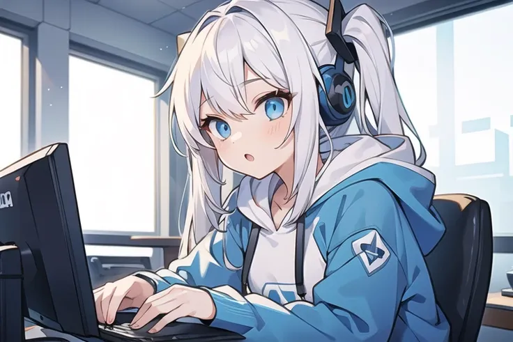 masterpiece, 1girl, gamer, white hair, blue hoodie, blue eyes, 