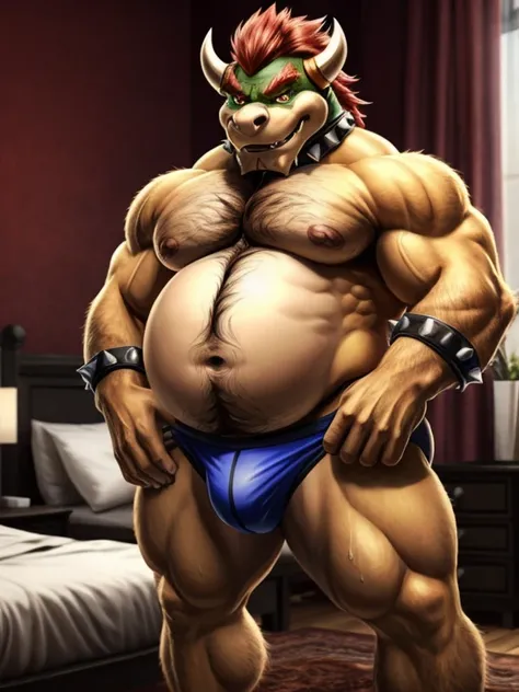 Bowser, beard, daddy, seductor, mirando al espectador, seductive smirk, pecs, big pecs, (posing) macho, masculine, male focus, slightly big belly, de cerca, frontal view, full body, bedroom, sweaty, hairy chest, hairy arms, hairy belly, hairy legs, hairy b...