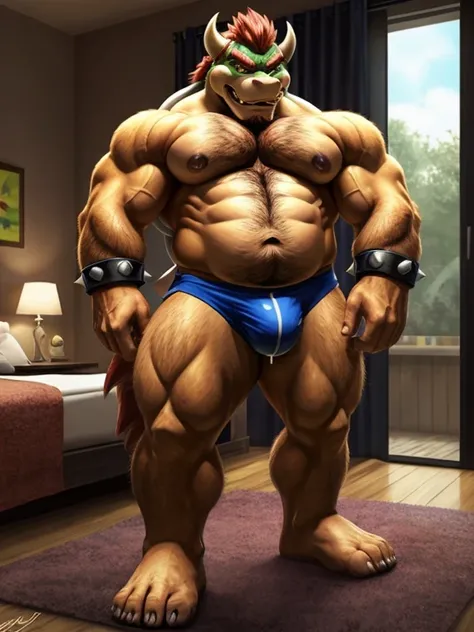 Bowser, beard, daddy, seductor, mirando al espectador, seductive smirk, pecs, big pecs, (posing) macho, masculine, male focus, chubby, de cerca, frontal view, full body, bedroom, sweaty, hairy chest, hairy arms, hairy belly, hairy legs, hairy bush, hairy f...