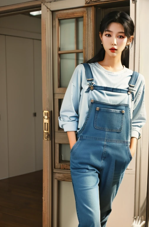 arafed woman in blue overalls standing in a room, wearing blue jean overalls, blue overalls, wearing overalls, artist wearing ov...