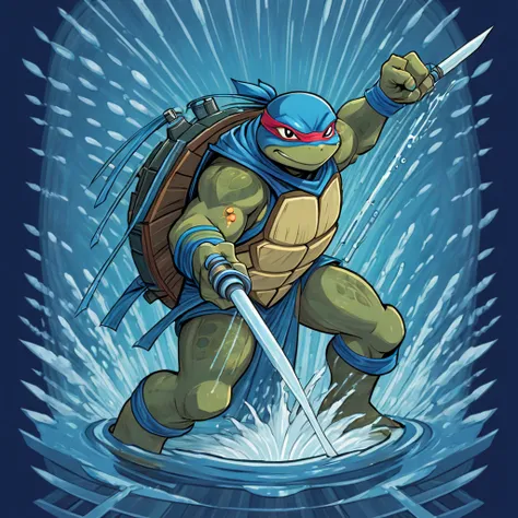 A giant bright blue ninja turtle using cannons to rain down hydro pump upon everything, in card art style