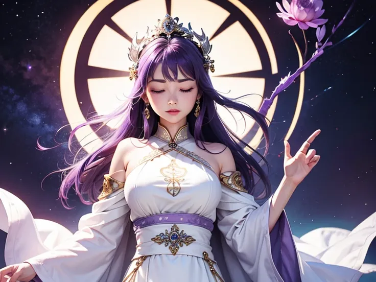 goddess, eyes closed, white clothes, main color is purple