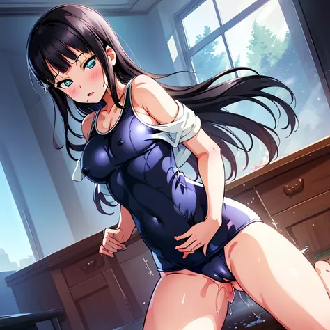 best quality, very aesthetic, Super detailed, best illustration, Dark blue one piece school swimsuit, nsfｗ, pussy focus, 1girl, おっぱい, aroused, sex, black_hair