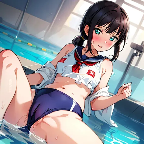 best quality, very aesthetic, Super detailed, best illustration, nsfｗ, pussy focus, 1girl, おっぱい, aroused, black_hair, school swim suit