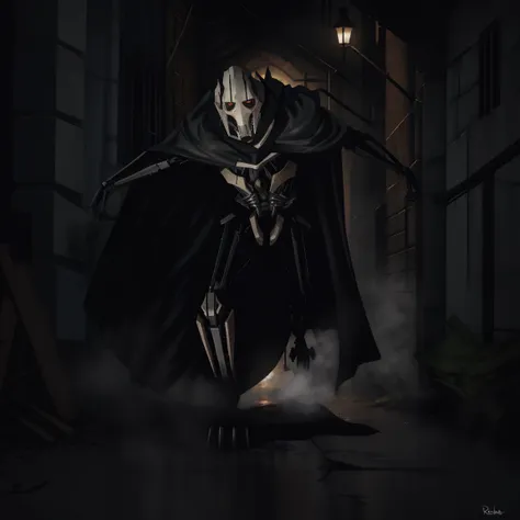 general grievous, black cape, terrifying, tall, shadows, shading, slender, horrifying pose, dark alley, bloody, dark, looking at...