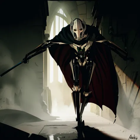 general grievous, black cape, terrifying, tall, shadows, shading, slender, horrifying pose, dark alley, bloody, dark, looking at...