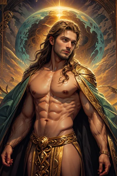 um retrato de(( um homem )) com barba, ((pernas musculosas)), ((peitoral forte e largo))in high definition, em 8K de ((um homem)) de 18 anos, (( Homem)), Deus do Mar, Deus do Oceano, Luthien, arte de deus, Deus da mitologia grega, Deus da Lua, Deus do amor...