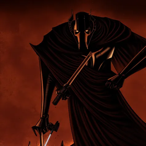 general grievous, black cape, terrifying, tall, shadows, shading, slender, horrifying pose, dark alley, bloody, dark, looking at...